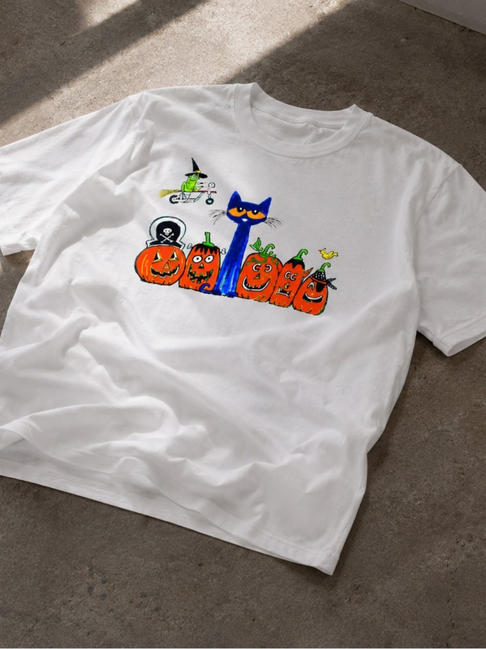 Pete the Cat and Orange Gildan White Tee with Blue Pumpkins - Picture 2 of 2
